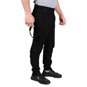 Men's Black Cotton Blend Mid-Rise Solid Regular Fit Cargo