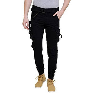 Men's Black Cotton Blend Mid-Rise Solid Regular Fit Cargo