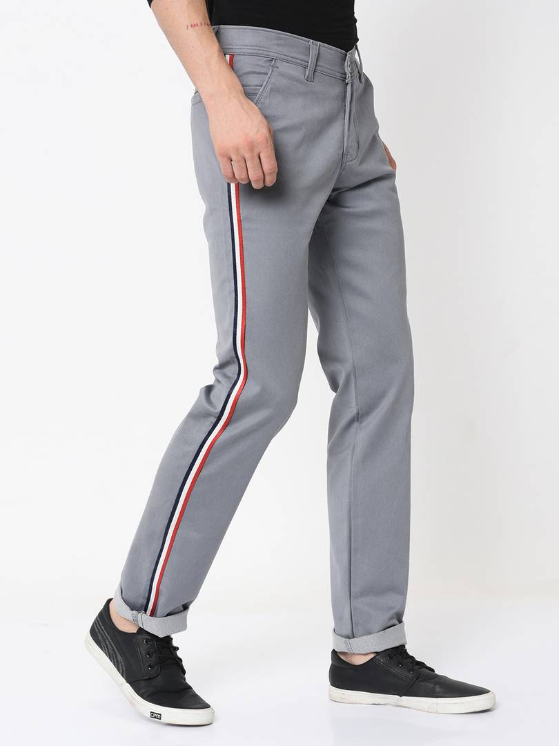 Men's Grey Cotton Blend Solid Slim Fit Casual Trouser