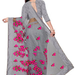 Grey Embroidered Net Saree With Blouse Piece