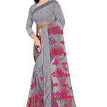 Grey Embroidered Net Saree With Blouse Piece