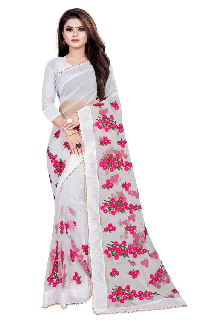 White Embroidered Net Saree With Blouse Piece