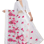 White Embroidered Net Saree With Blouse Piece