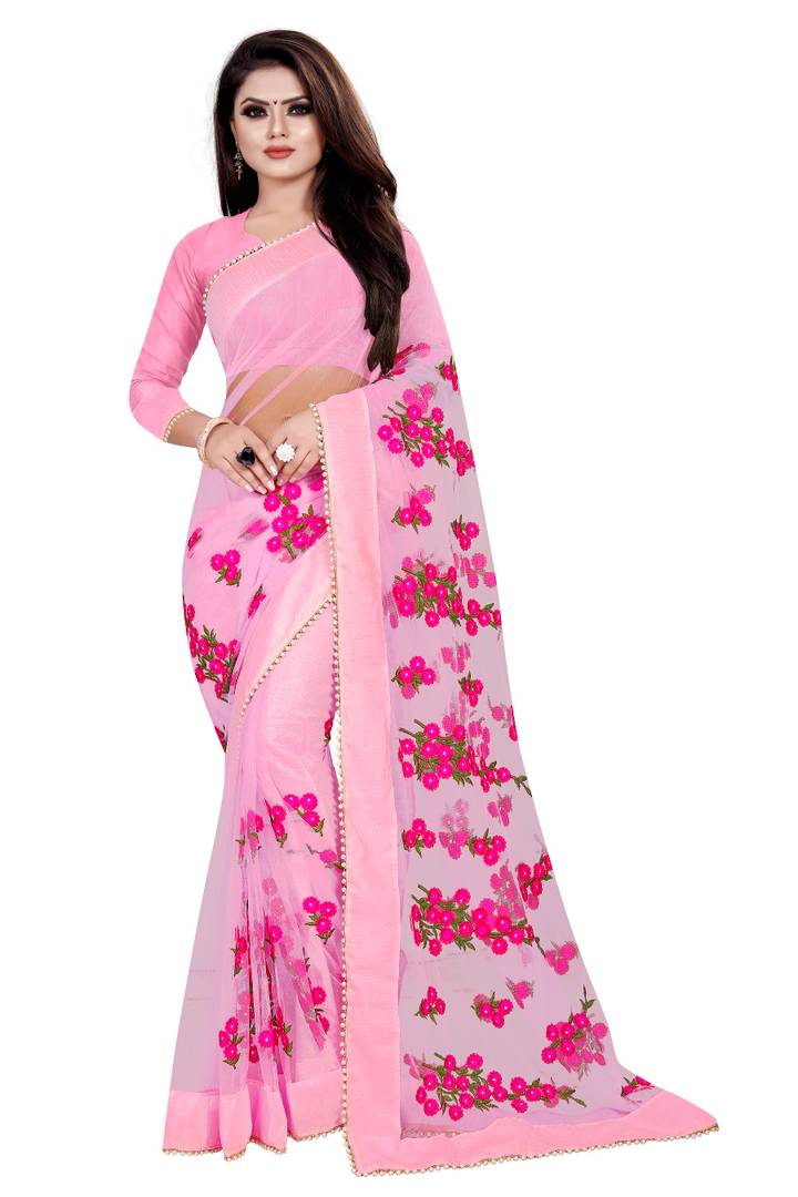 Pink Embroidered Net Saree With Blouse Piece