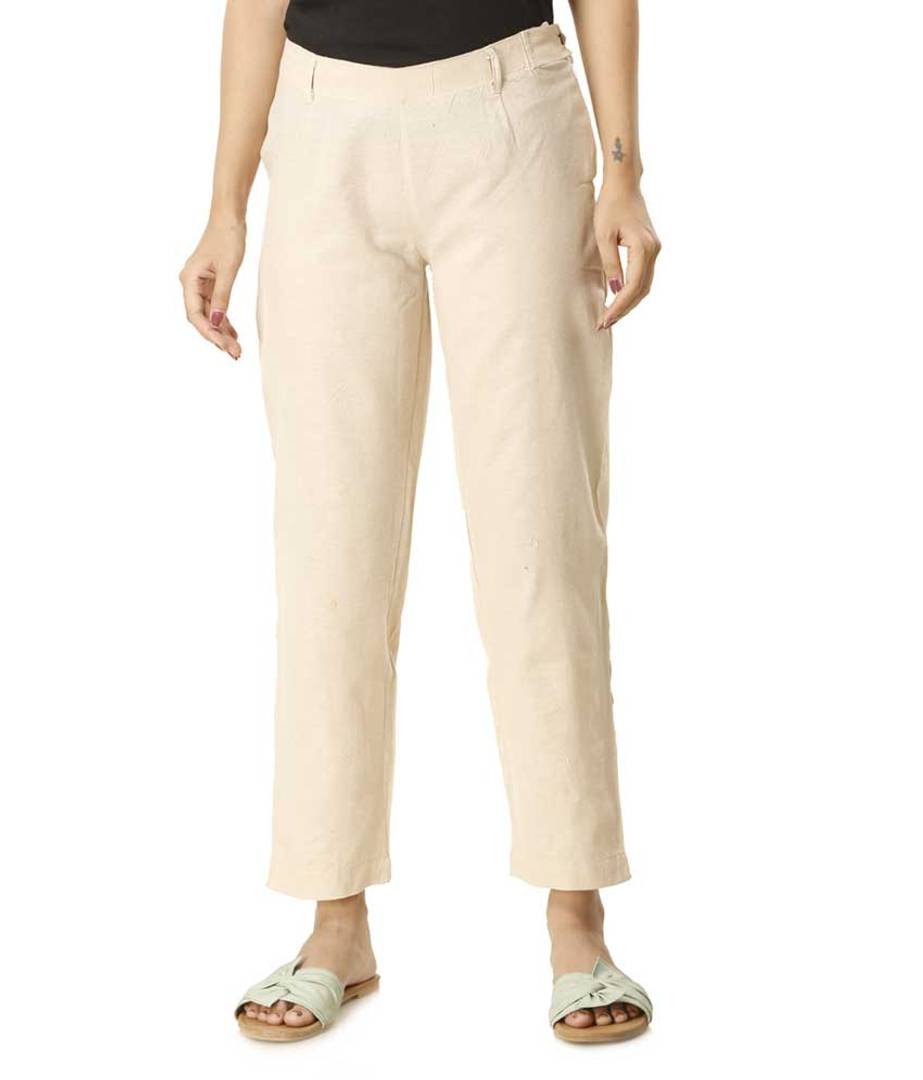 Women's Off White Cotton Solid Pant