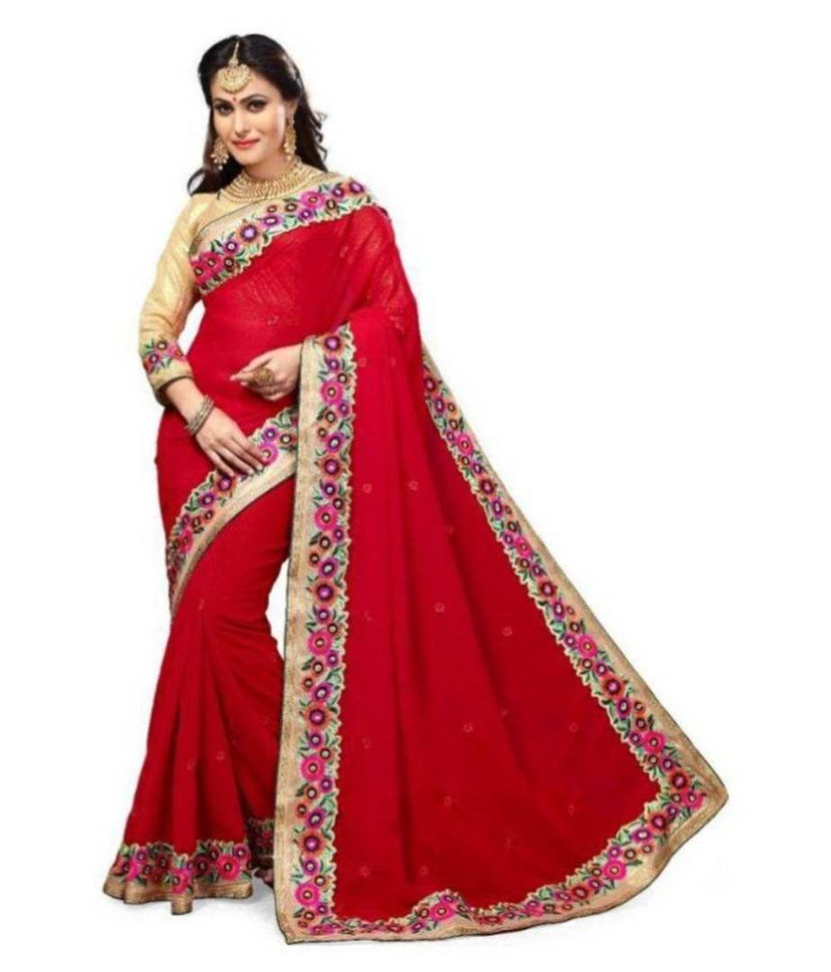 Stylish Red Georgette Embroidered Saree with Blouse piece
