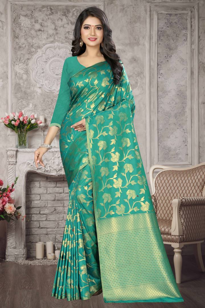 Stylish Turquoise Woven Design Silk Blend Saree with Blouse piece