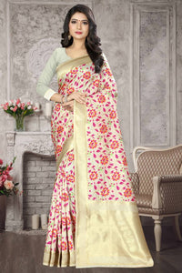 Stylish White Woven Design Silk Blend Saree with Blouse piece