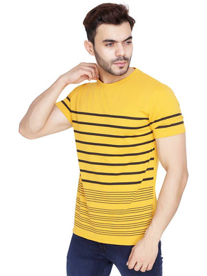 Men's Yellow Cotton Blend Striped Round Neck Tees