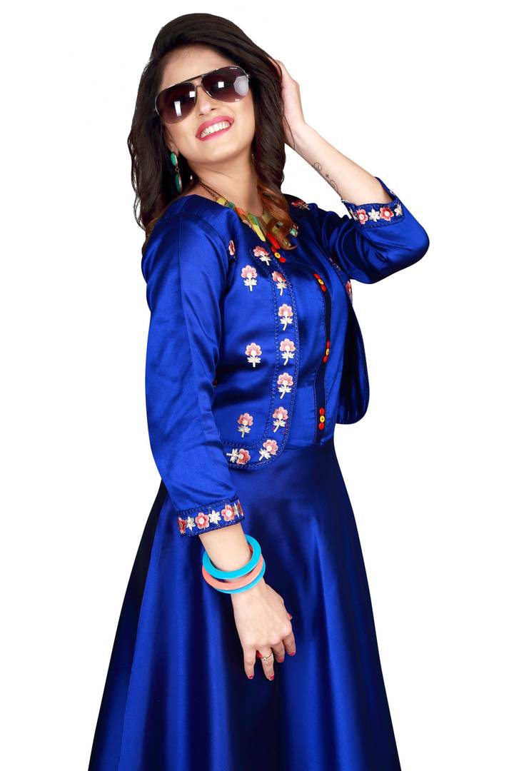 Stylish Blue Satin Embroidered Stitched Gown