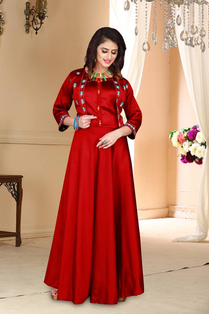 Versatile Red Satin Embroidered Stitched Gown