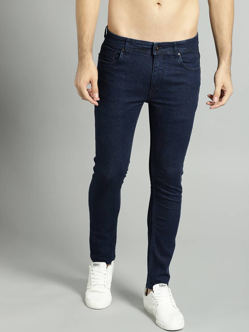 Men's Blue Cotton Spandex Solid Regular Fit Mid-Rise Jeans