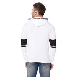 Men's White Typography Cotton Self Pattern Hooded T-Shirt