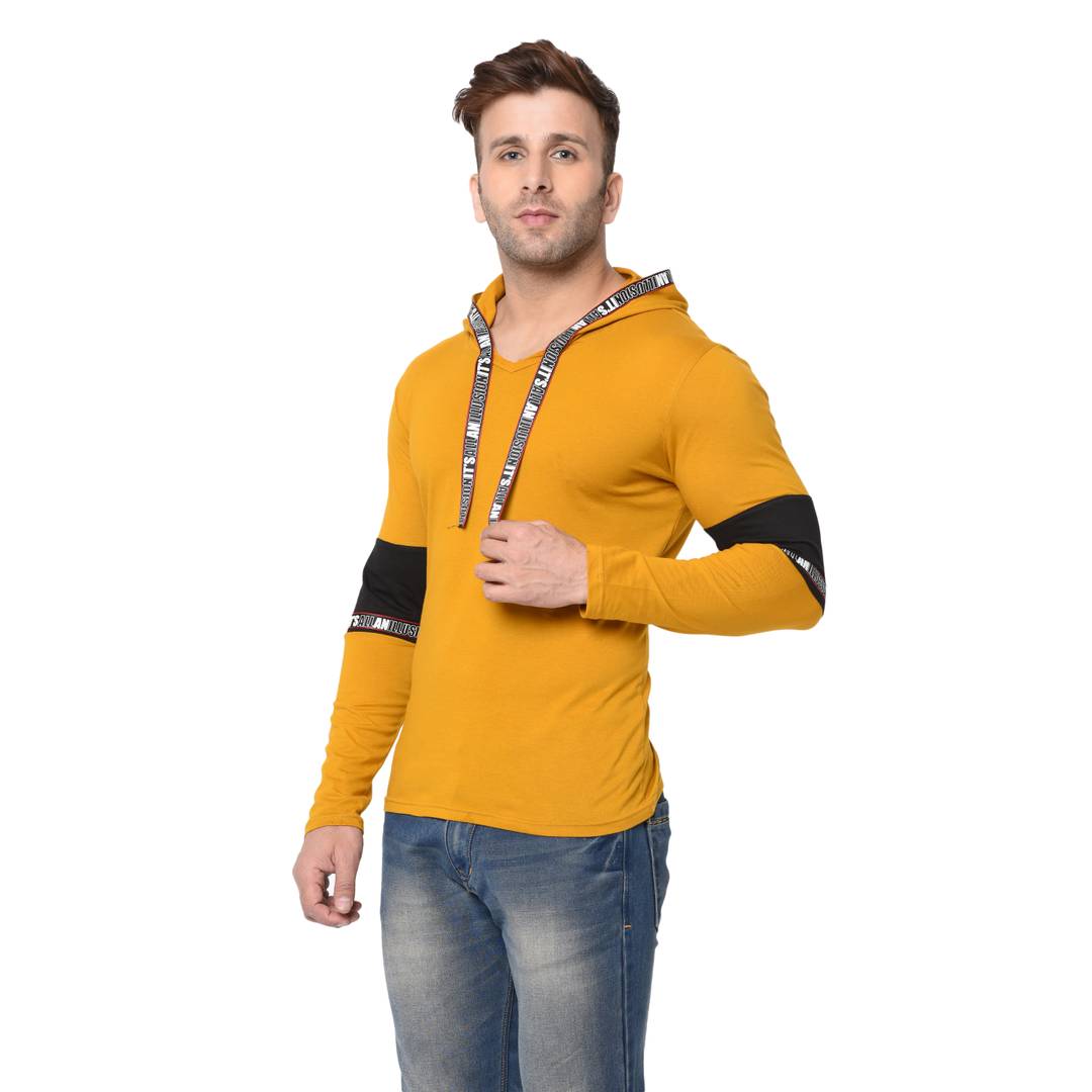 Men's Yellow Typography Cotton Self Pattern Hooded T-Shirt