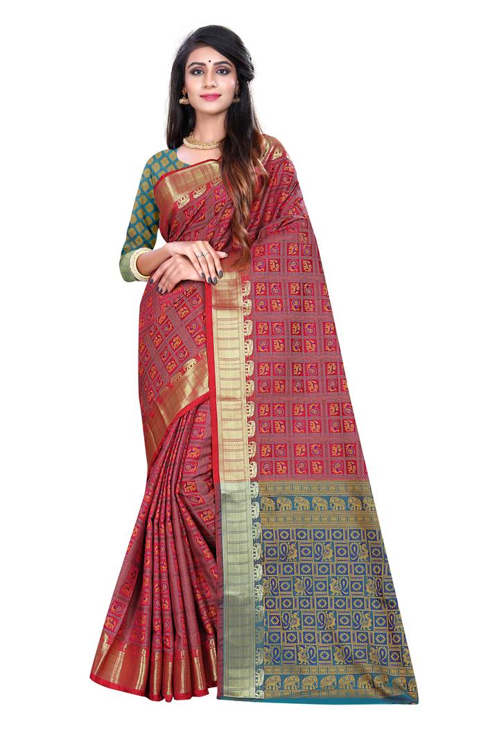 Multi Woven Design Silk Blend Saree With Blouse Piece