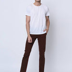 Men's Brown Cotton Blend Solid Low-Rise Slim Fit Regular Trousers