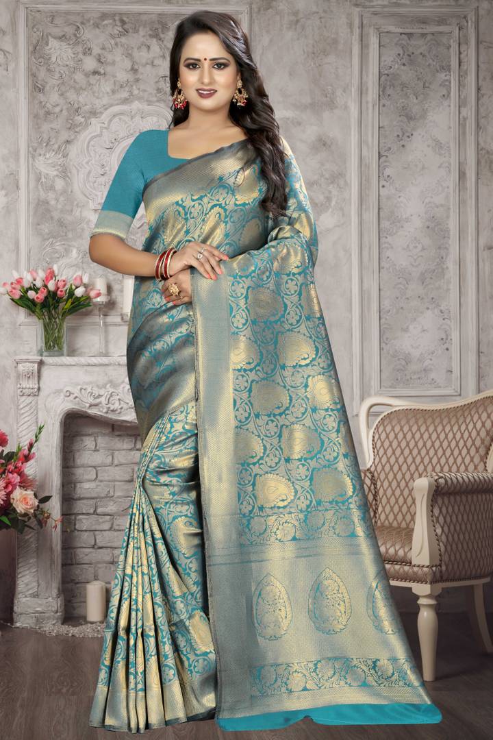 Women's Turquoise Cotton Silk Woven Design Free Size Saree with Blouse piece