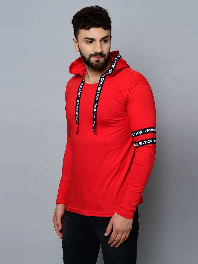 Men's Red Cotton Self Pattern Hooded Tees
