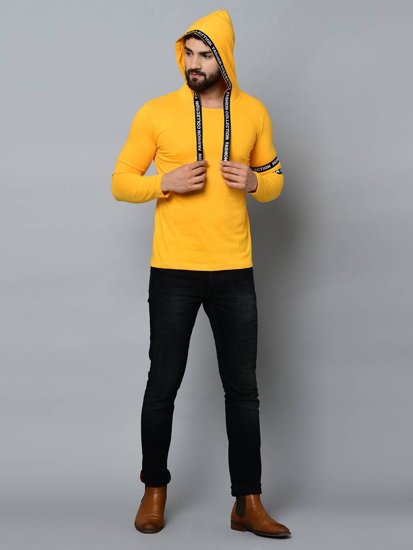 Men's Yellow Cotton Self Pattern Hooded Tees