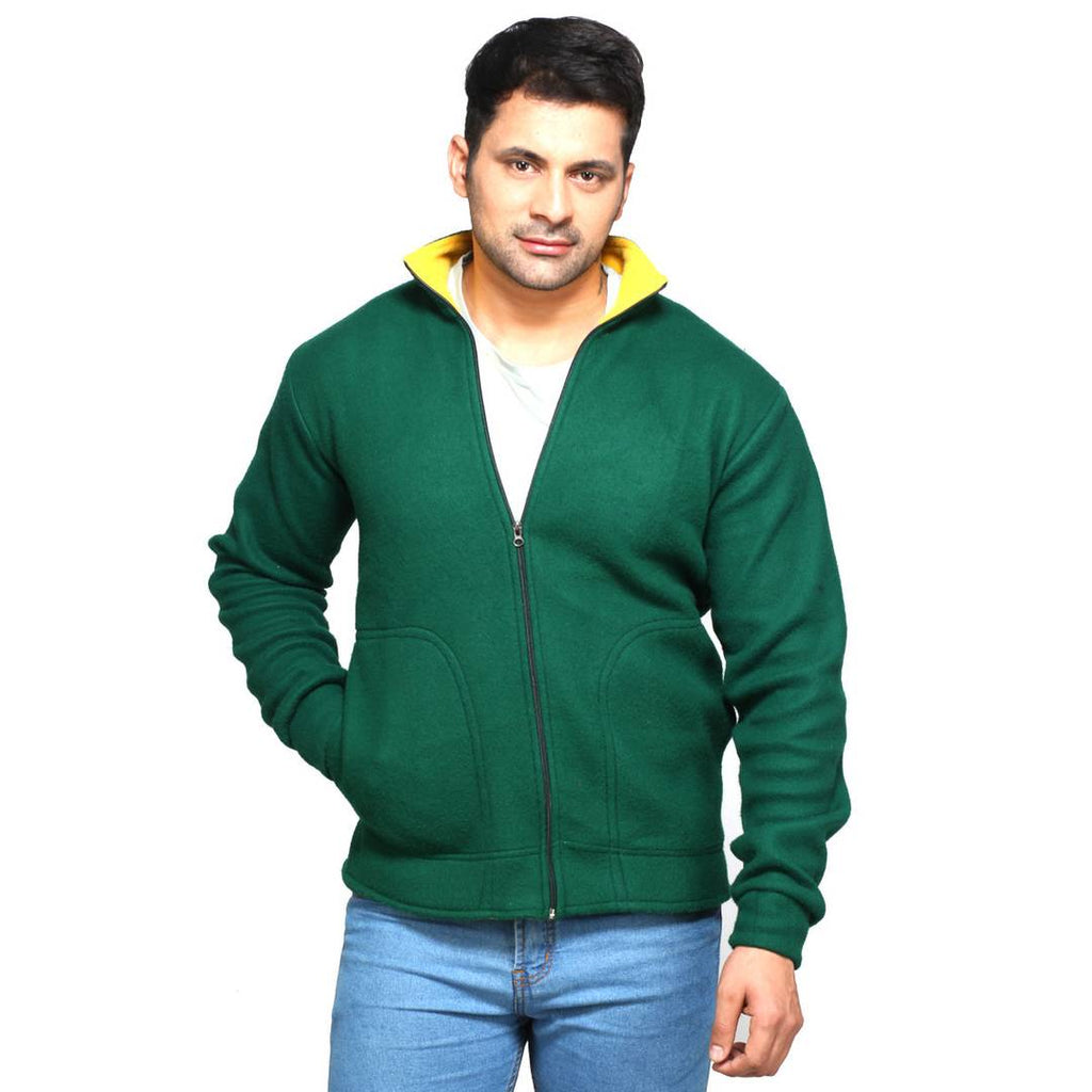 Green Solid Fleece Long Sleeve Jacket for Men's