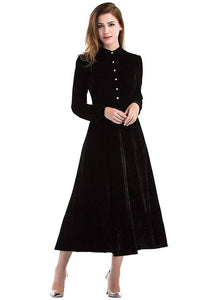 Women's Black Buttoned Velvet Fit and Flare Dress