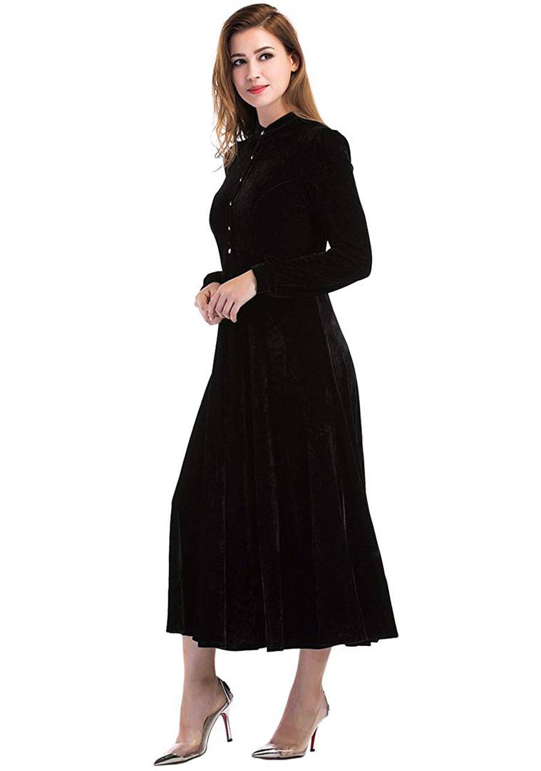 Women's Black Buttoned Velvet Fit and Flare Dress