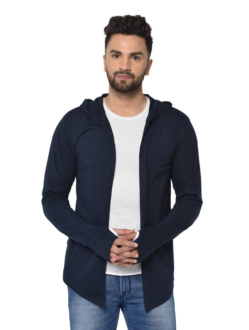 Men's Blue Polycotton Solid Long Sleeves Hooded Cardigan