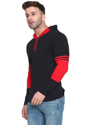 Men's Black Cotton Self Pattern Hooded Tees