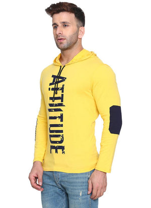 Men's Yellow Cotton Printed Hooded Tees