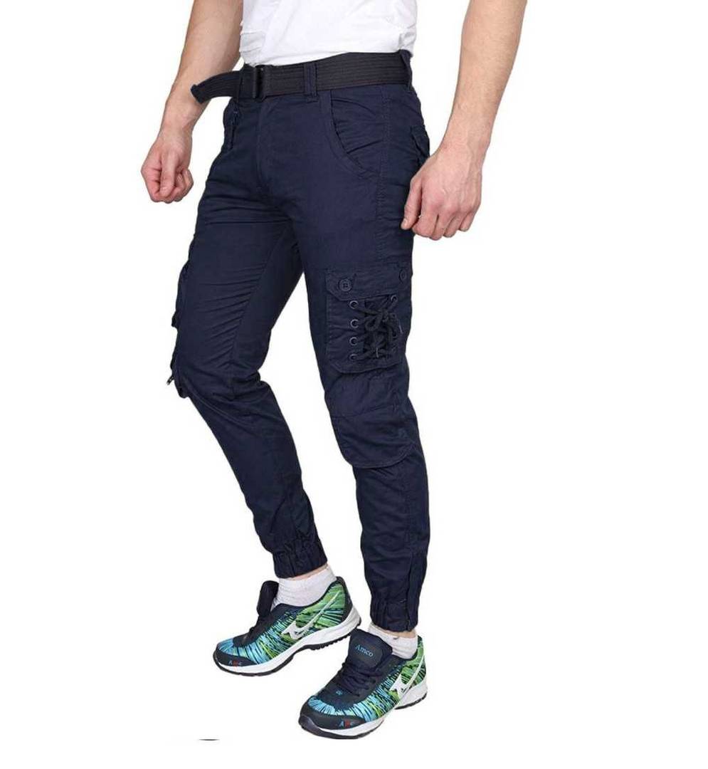 Men's Blue Solid Cotton Dori Style Cargo Pants