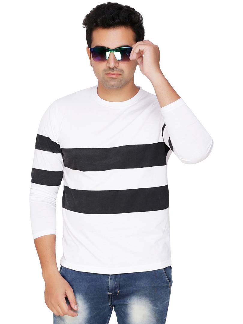 White Colourblocked Cotton Blend Round Neck T-Shirt For Men