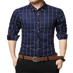 Navy Blue Checked Cotton Slim Fit Casual Shirt