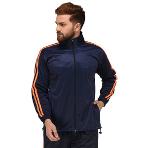 Men's Navy Blue Polyester Self Pattern Long Sleeves Sporty Jacket