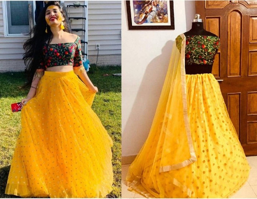 Heavy Net Embroidered Semi Stitched yellow colour lehenga choli With Blouse Piece (Free Size)