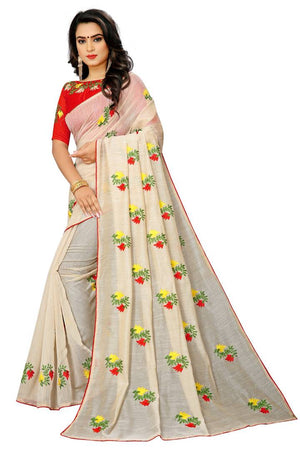 Beige Cotton Embroidered Saree with Blouse piece