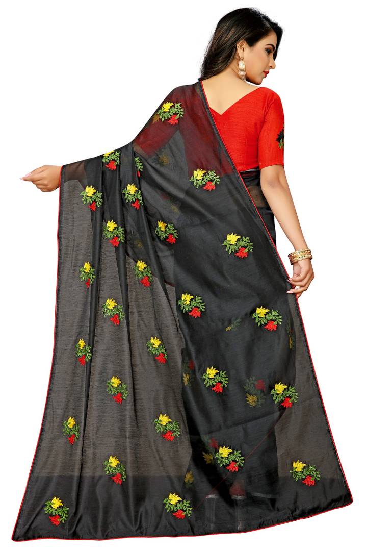 Black Cotton Embroidered Saree with Blouse piece