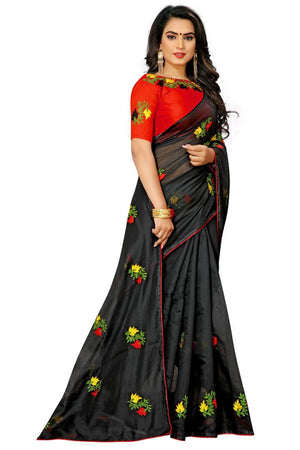 Black Cotton Embroidered Saree with Blouse piece