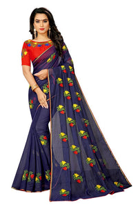 Blue Cotton Embroidered Saree with Blouse piece