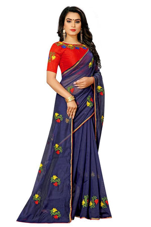 Blue Cotton Embroidered Saree with Blouse piece