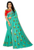 Turquoise Cotton Embroidered Saree with Blouse piece