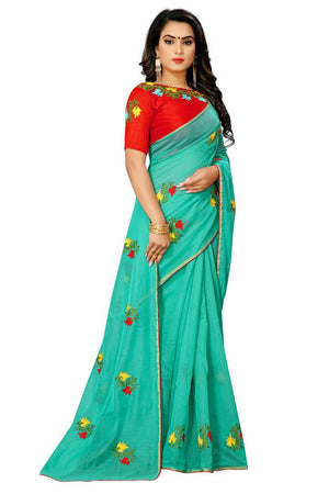Turquoise Cotton Embroidered Saree with Blouse piece