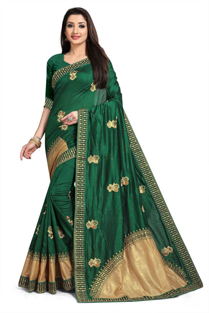 Stylish Green Embroidered Silk Saree with Blouse piece
