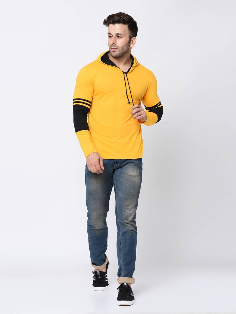 Men's Yellow Cotton Self Pattern Hooded Tees