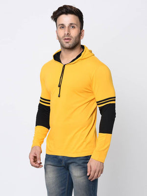 Men's Yellow Cotton Self Pattern Hooded Tees