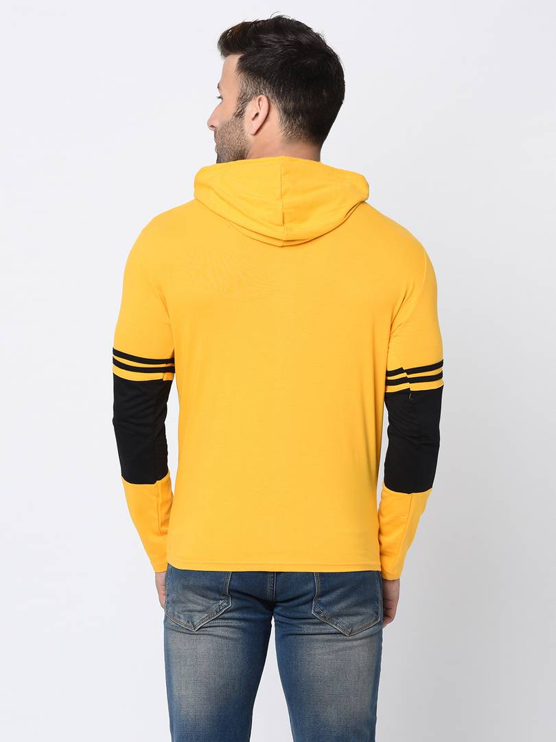 Men's Yellow Cotton Self Pattern Hooded Tees