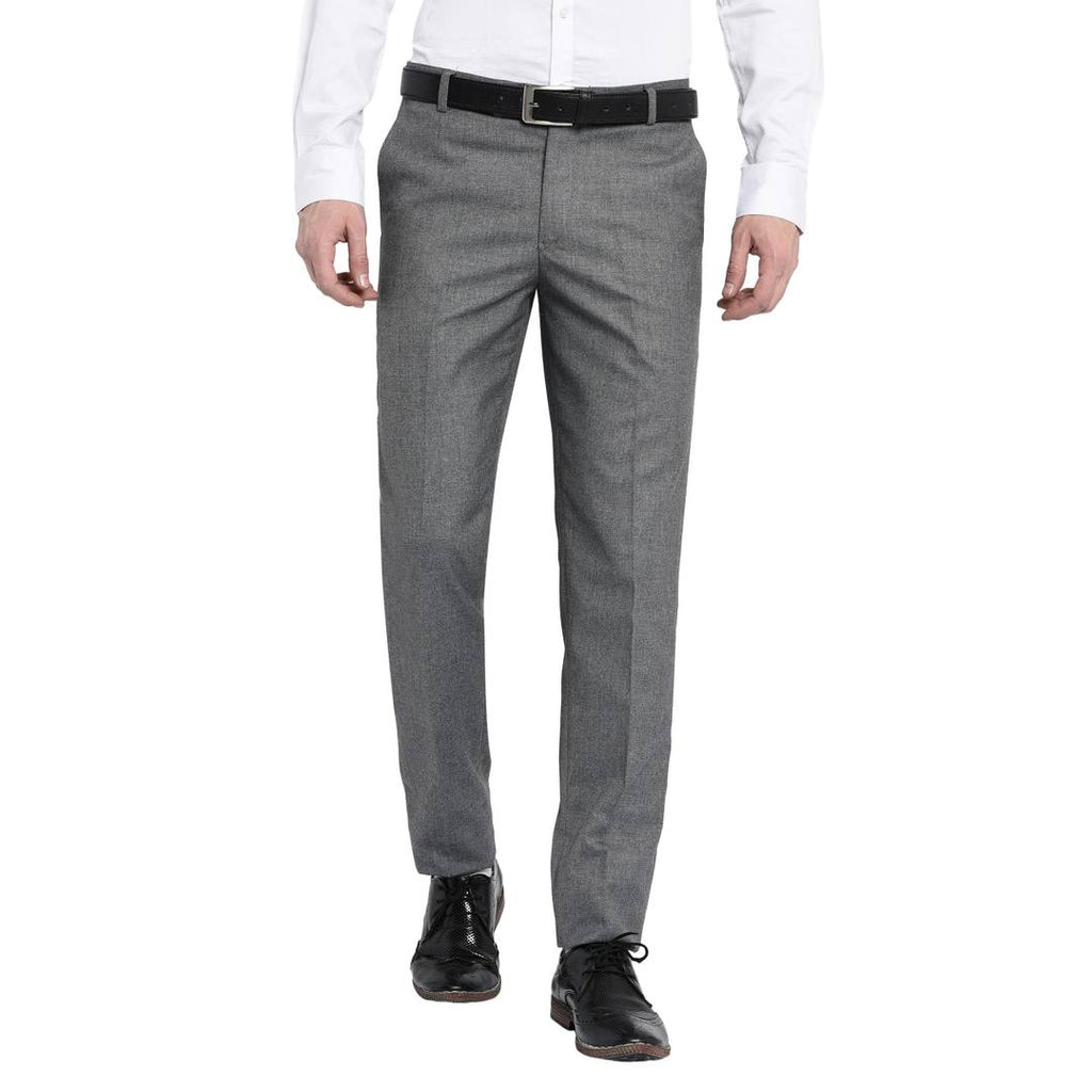 Men's Grey Polyester Blend Solid Mid-Rise Formal Trouser