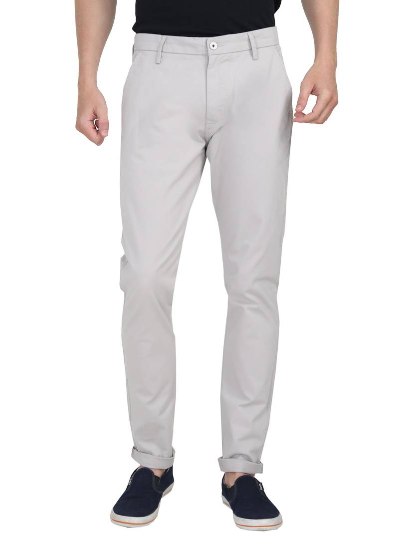 Men's Grey Cotton Solid Mid-Rise Regular Fit Casual Trouser