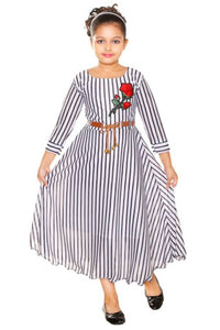 RNR FASHION Girls White and Black Colored Imported Lycra Blended Striped Long/Ankle Length 3/4 Sleeve Gown Frock(RNR061)