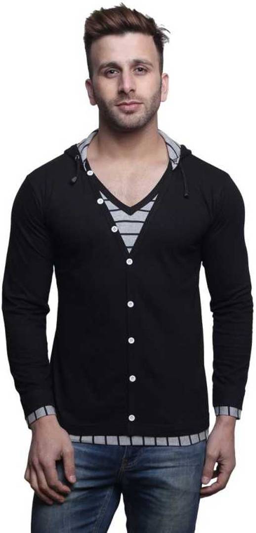 Men's Black Cotton Solid Hooded Tees