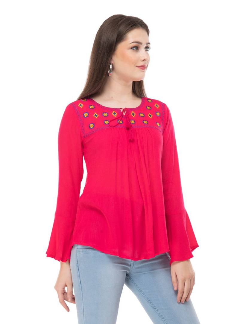 Pink Cotton Embroidered Bell Sleeve Top